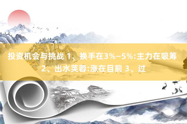 投资机会与挑战 1、换手在3%—5%:主力在吸筹 2、出水芙蓉:涨在目前 3、过