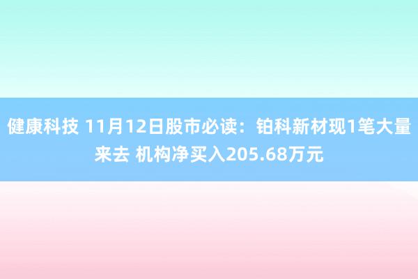 健康科技 11月12日股市必读：铂科新材现1笔大量来去 机构净买入205.68万元